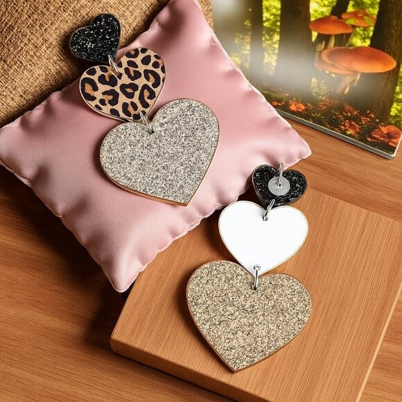 🆕Chic Leopard Print Triple Heart Dangle Earrings Cute Trendy Glitter & Glam! ✨ - Picture 7 of 11